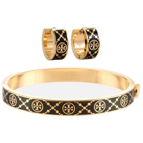 Tory Burch Black and Gold T-Monogram Huggie Earrings and Bracelet Set - Picture 1 of 6